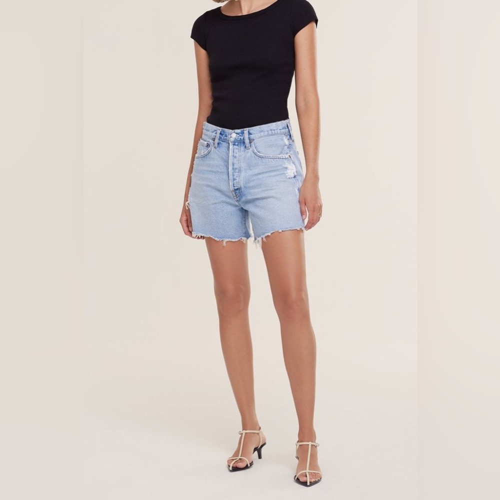Agolde parker distressed organic cotton denim shorts parade light indigo 24